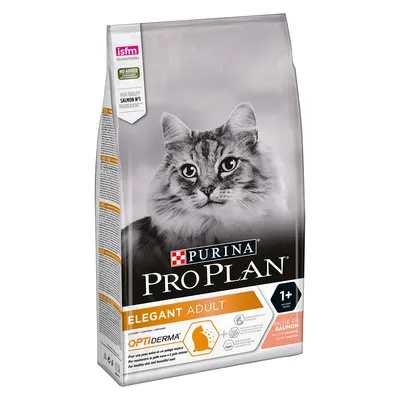 Опаковка Purina Pro Plan Elegant Adult 1+ с изображение на котка, надписи: OptiDerma, Riche en Saumon, High Quality Salmon №1 Ingredient, без добавени изкуствени оцветители.