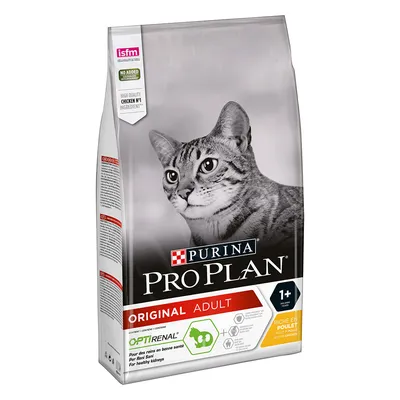 Purina Pro Plan Original Adult -kuivaruoka aikuisille kissoille, 1+ vuotta, kanaa. Pakkauksessa tekstit: OPTIRENAL, isfm, NO ADDED ARTIFICIAL, HIGH QUALITY CHICKEN N°1 INGREDIENT.