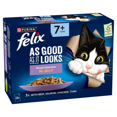 Mixed selection in jelly for pets aged 7 years and over, includes beef, salmon, chicken, tuna. Contains 12 pouches, 3 of each flavour. Pouches are recyclable.
