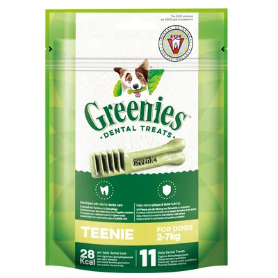 Greenies Dental Treats Teenie für Hunde 2-7kg, 28 Kcal pro Snack, Packung mit 11 Stück. Entwickelt für Zahnpflege, reduziert Plaque und Zahnsteinbildung. EVDS-Siegel der Akzeptanz sichtbar.