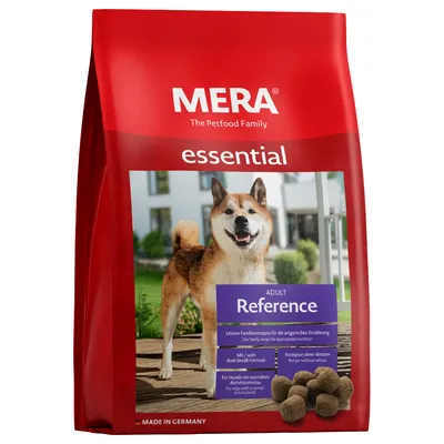 MERA essential Adult Reference. Rodinný recept pro přirozenou výživu, s Anti-Smell-Formula, recept bez pšenice, pro psy s normální aktivitou. Vyrobeno v Německu.
