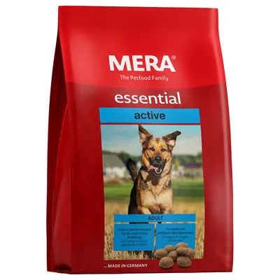 MERA essential active. Til hunde med øget aktivitetsniveau. Vores familieopskrifter til artskorrekt ernæring. Made in Germany.