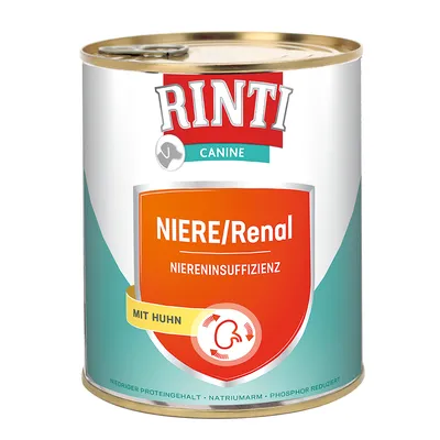 Rinti Canine NIERE/Renal Niereninsuffizienz, mit Huhn. Testo visibile: basso contenuto proteico, povero di sodio, fosforo ridotto.