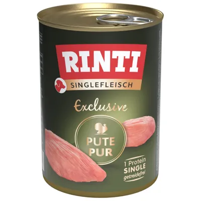 RINTI Singlefleisch Exclusive Pute Pur, 1 proteiini, viljaton. Kuvassa kaksi kalkkunanlihapalaa purkissa.