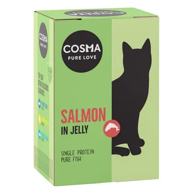 Cosma Pure Love Salmon in Jelly, Single Protein, ren fisk. Förpackning med svart kattsilhuett på grön bakgrund.