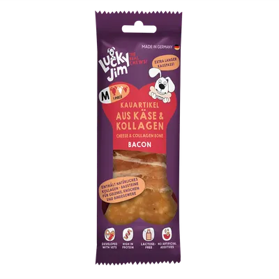 Lucky Jim tyggeartikler af ost og kollagen, bacon-smag, indeholder naturligt kollagen, laktosefri, uden kunstige tilsætningsstoffer, Made in Germany. Lucky Jim tyggeartikler af ost og kollagen, bacon-smag, indeholder naturligt kollagen, laktosefri, uden kunstige tilsætningsstoffer, Made in Germany.