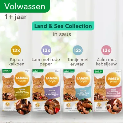IAMS Delights Land & Sea Collection in saus, voor volwassen katten 1+ jaar: 12x kip en kalkoen, 12x lam met rode peper, 12x tonijn met erwten, 12x zalm met kabeljauw, 85g per portie.