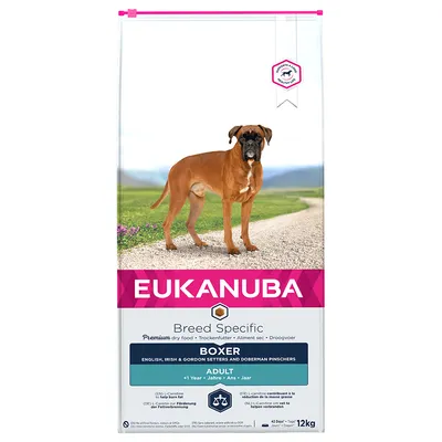 Eukanuba Breed Specific premium dry food for adult Boxer, English, Irish and Gordon Setters, and Doberman Pinschers, with L-carnitine to help burn fat. 12kg bag.
