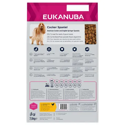 Back of Eukanuba Cocker Spaniel food bag showing feeding guide, nutritional benefits, ingredient highlights, and product information in multiple languages. 7.5kg pack.