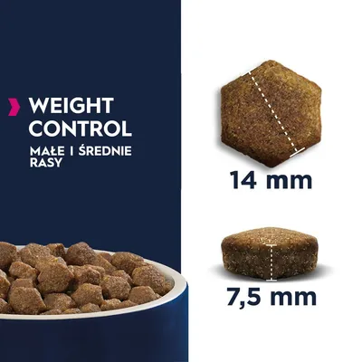 Karma Weight Control dla małych i średnich ras; widoczne wymiary granulki: 14 mm szerokości, 7,5 mm wysokości. Miska z suchą karmą na dole.