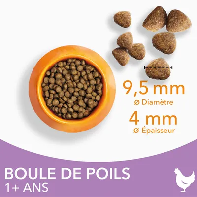 Croquettes en forme de triangle, diamètre 9,5 mm, épaisseur 4 mm. Texte visible : BOULE DE POILS 1+ ANS. Bol orange rempli de croquettes vu du dessus.