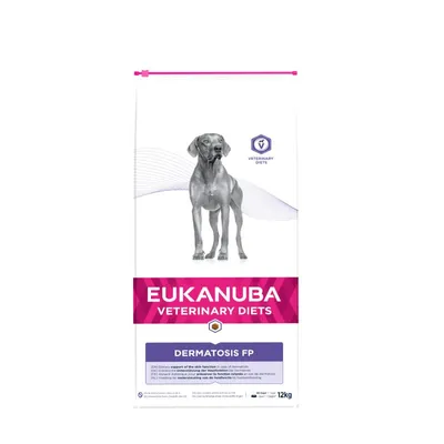 Eukanuba Veterinary Diets Dermatosis FP dog food, 12kg bag. Visible text: support of the skin function in case of dermatosis. Image shows a dog and veterinary diets badge.