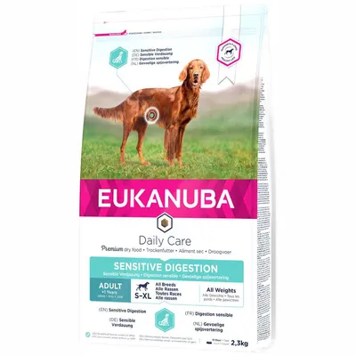 Eukanuba Daily Care Sensitive Digestion, suha hrana za pse, Adult +1 Year, S–XL, vse pasme in teže, 2,3 kg. Vidno: občutljiva prebava, večjezična navodila.