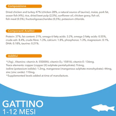 Tabella ingredienti e valori nutrizionali per gattini 1–12 mesi: pollo e tacchino 47 %, proteine 37 %, grassi 21 %, omega-6 3,2 %, vitamine A, D₃, E, rame, iodio, manganese, zinco.