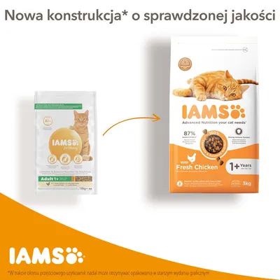Porównanie starego i nowego opakowania karmy IAMS dla dorosłych kotów, 87% białka zwierzęcego, z kurczakiem, 1+ lat, 3 kg. Widoczna zmiana grafiki i oznaczeń.