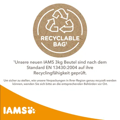 IAMS 3kg Beutel sind nach Standard EN 13430:2004 auf Recyclingfähigkeit geprüft. Verpackung recyclebar, bitte lokale Behörden für regionale Recyclingmöglichkeiten kontaktieren.