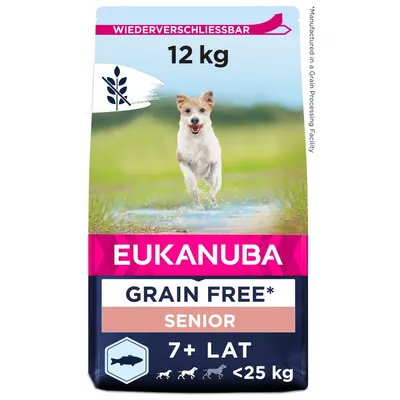 EUKANUBA GRAIN FREE SENIOR, 12 kg, dla psów 7+ lat, <25 kg. Widoczny symbol ryby i napis 'WIEDERVERSCHLIESSBAR'.