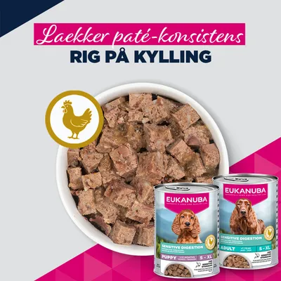 Eukanuba Sensitive Digestion vådfoder med paté-konsistens, rig på kylling. To dåser til hvalp og voksen S-XL vist, skål med foderstykker, kyllingesymbol synligt.