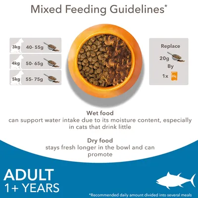 Mixed feeding guidelines for adult pets over 1 year: 3kg needs 40-55g, 4kg needs 50-65g, 5kg needs 55-75g dry food. Replace 20g dry with one 85g wet pouch. Wet food aids hydration.