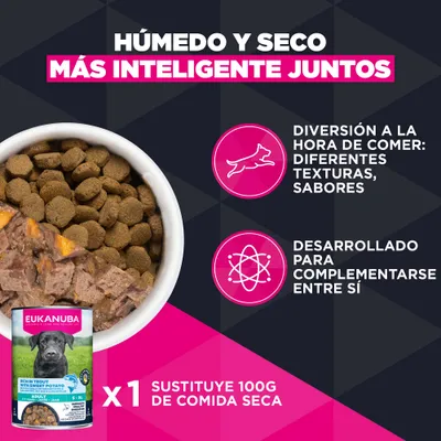 Eukanuba pienso húmedo y seco, diferentes texturas y sabores, desarrollado como complemento, 1 lata sustituye a 100 g de pienso. Eukanuba pienso húmedo y seco, diferentes texturas y sabores, desarrollado como complemento, 1 lata sustituye a 100 g de pienso.