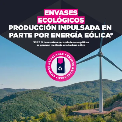 Envases ecológicos, producción parcialmente mediante energía eólica. El 25% de las necesidades energéticas se cubren con una turbina eólica. Envase reciclable. Envases ecológicos, producción parcialmente mediante energía eólica. El 25% de las necesidades energéticas se cubren con una turbina eólica. Envase reciclable.