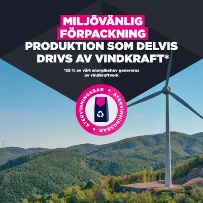 Miljövänlig förpackning, produktionen drivs delvis med vindkraft. 25 % av energibehovet täcks av vindkraft. Återvinningsbar. Miljövänlig förpackning, produktionen drivs delvis med vindkraft. 25 % av energibehovet täcks av vindkraft. Återvinningsbar.