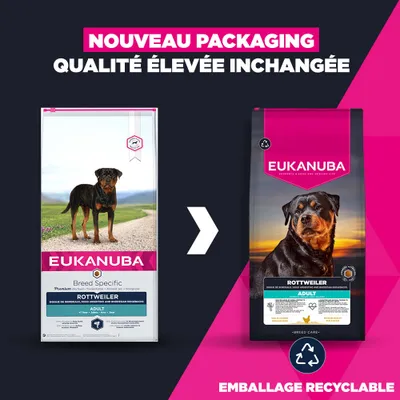 Eukanuba Rottweiler Adulte : nouveau design d'emballage recyclable, qualité inchangée. Deux emballages produits en comparaison, texte en français. Eukanuba Rottweiler Adulte : nouveau design d'emballage recyclable, qualité inchangée. Deux emballages produits en comparaison, texte en français.