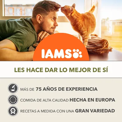 IAMS. Les hace dar lo mejor de sí. Más de 75 años de experiencia. Comida de alta calidad hecha en Europa. Recetas a medida con una gran variedad.