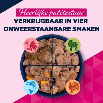 Heerlijke patétextuur, verkrijgbaar in vier onweerstaanbare smaken: rund, lam, vis en kalkoen. Heerlijke patétextuur, verkrijgbaar in vier onweerstaanbare smaken: rund, lam, vis en kalkoen.