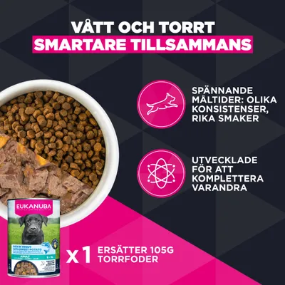 Våtfoder och torrfoder smart kombinerat. Spännande måltider: olika konsistenser, rika smaker. Utvecklat som komplement. 1 burk ersätter 105, g torrfoder.