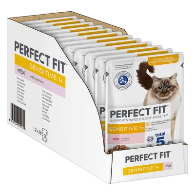 Perfect Fit Sensitive 1+ lohella, ilman keinotekoisia väriaineita ja säilöntäaineita. Pakkaus sisältää 12x85g annospusseja kissoille.