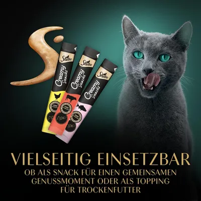 Sheba Creamy Snacks, vielseitig einsetzbar: als Snack für gemeinsame Genussmomente oder als Topping für Trockenfutter. Ohne künstliche Farb- und Konservierungsstoffe.