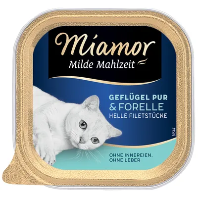 Miamor Milde Mahlzeit kattefoder, tekst: Geflügel pur & Forelle, helle Filetstücke, ohne Innereien, ohne Leber. Billede af hvid kat på emballagen.