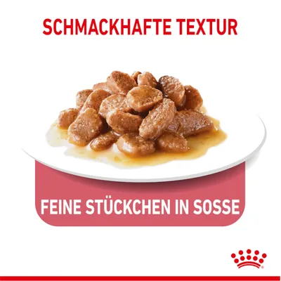 SCHMACKHAFTE TEXTUR, FEINE STÜCKCHEN IN SOSSE (tekst na njemačkom jeziku) uz tanjur s komadićima hrane u umaku. Royal Canin logotip vidljiv dolje desno.