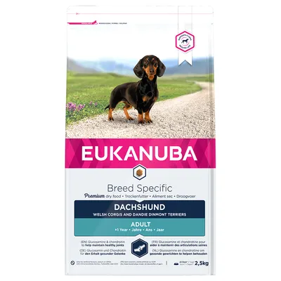 EUKANUBA Breed Specific Dachshund, Welsh Corgis ja Dandie Dinmont Terriers, Adult +1 Year, kuivaruoka, 2,5 kg. Glukosamiini ja kondroitiini nivelten hyvinvointiin.