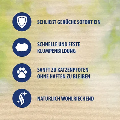 Texte en allemand : Schließt Gerüche sofort ein, Schnelle und feste Klumpenbildung, Sanft zu Katzenpfoten ohne haften zu bleiben, Natürlich wohlriechend.