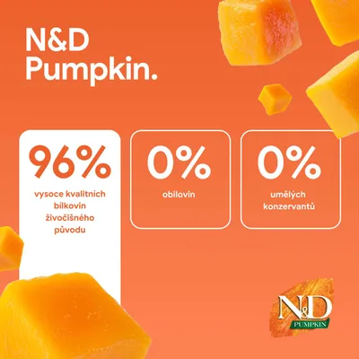 N&D Pumpkin. 96 % kvalitných živočíšnych bielkovín, 0 % obilnín, 0 % umelých konzervačných látok. N&D Pumpkin. 96 % kvalitných živočíšnych bielkovín, 0 % obilnín, 0 % umelých konzervačných látok.