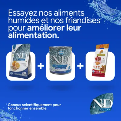 Farmina N&D Ocean croquettes, nourriture humide hareng & crevette et friandise dental. Développé scientifiquement pour améliorer l’alimentation lorsqu’ils sont utilisés ensemble. Farmina N&D Ocean croquettes, nourriture humide hareng & crevette et friandise dental. Développé scientifiquement pour améliorer l’alimentation lorsqu’ils sont utilisés ensemble.