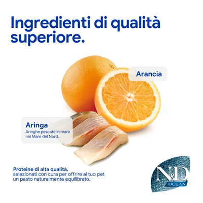 Aringa del Mare del Nord e arancia come componenti di alta qualità. Proteine di elevata qualità per un alimento per animali domestici equilibrato e naturale. N&D Ocean. Aringa del Mare del Nord e arancia come componenti di alta qualità. Proteine di elevata qualità per un alimento per animali domestici equilibrato e naturale. N&D Ocean.