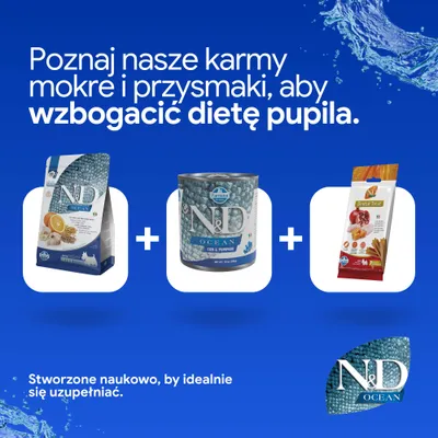 N&D Ocean sucha karma, mokra karma i przysmaki dentystyczne od Farmina. Opracowane naukowo, aby uzupełniać żywienie. N&D Ocean sucha karma, mokra karma i przysmaki dentystyczne od Farmina. Opracowane naukowo, aby uzupełniać żywienie.
