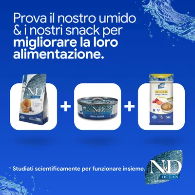 N&D Ocean crocchette, lattina tonno & salmone, adult cream snack. Sviluppato scientificamente per un'alimentazione ottimale. N&D Ocean crocchette, lattina tonno & salmone, adult cream snack. Sviluppato scientificamente per un'alimentazione ottimale.