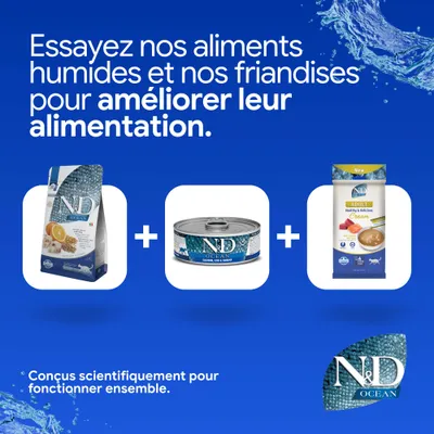 N&D Ocean croquettes, aliments humides et snacks. Développés scientifiquement pour améliorer l’alimentation ensemble. N&D Ocean croquettes, aliments humides et snacks. Développés scientifiquement pour améliorer l’alimentation ensemble.