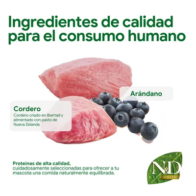 Ingredientes: carne de cordero de Nueva Zelanda, arándanos. Proteínas de alta calidad, cuidadosamente seleccionadas para una alimentación animal naturalmente equilibrada. N&D Prime.