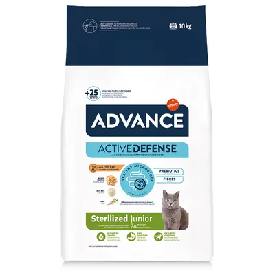 Advance Active Defense Sterilized Junior krmivo pro kočky, 10 kg, s kuřecím masem, prebiotiky a vlákninou. Pro kočky do 24 měsíců. Podporuje zdravou mikroflóru, snadné trávení a ideální kondici.