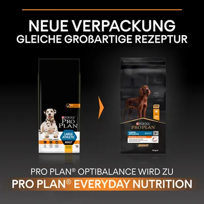 Neue Verpackung, gleiche grossartige Rezeptur. Pro Plan Optibalance wird zu Pro Plan Everyday Nutrition für Large Athletic Adult Hunde.
