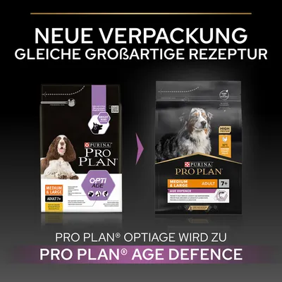 Новая упаковка, тот же отличный состав. Pro Plan OptiAge становится Pro Plan Age Defence. Medium & Large Adult 7+ с высоким содержанием белка и курицей в качестве ингредиента №1.