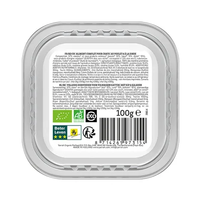 Yarrah kattenvoer kip & kalkoen, 100 g. Bio-certificaat NL-BIO-01, AB-keurmerk, Beter Leven 3 sterren, Eco Control, ingrediënten en voedingsadvies zichtbaar op verpakking.