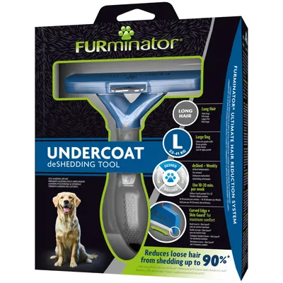FURminator Undercoat deShedding Tool para perros grandes (23–41 kg) de pelo largo. Reduce la caída de pelo hasta un 90 %. Instrucciones y características visibles en el envase.