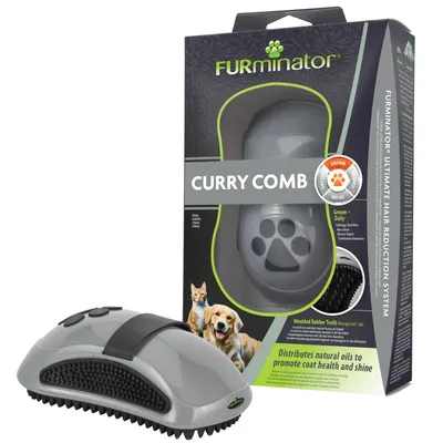 FURminator Curry Comb med formade gummitänder för hudmassage. Fördelar naturliga oljor för frisk pälsvård och glans. Lämplig för daglig grooming av husdjur.