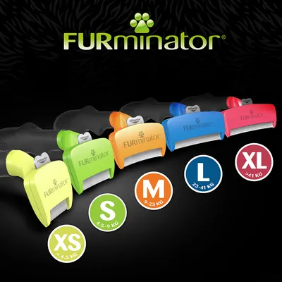 FURminator Fellpflegewerkzeuge in Größen XS (<4,5 kg), S (4,5-9 kg), M (9-23 kg), L (23-41 kg) und XL (>41 kg). Farbcodierte Modelle für unterschiedliche Gewichtsklassen.